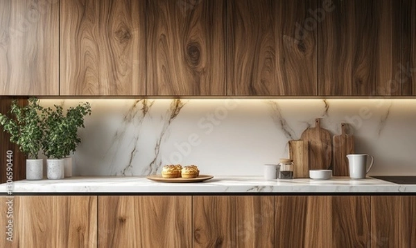 Fototapeta Stylish Kitchen Countertop Display with Wooden Cabinets and Decorative Elements
