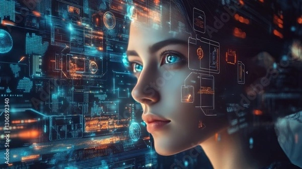 Fototapeta An elegant composition of a CPU surrounded by technical drawings and diagrams