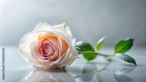 Fototapeta A single, delicate pastel pink rose rests on a smooth, reflective surface, its gentle petals unfurling in soft light, showcasing the beauty of a blossoming flower.