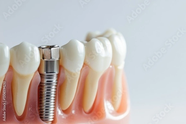 Fototapeta High quality dental implant close up on white background highlighting metal texture with space for text positioning Generative AI
