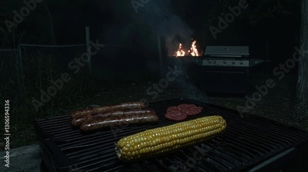 Fototapeta A backyard barbecue with grilled sausages, ribs, and corn on the cob,
