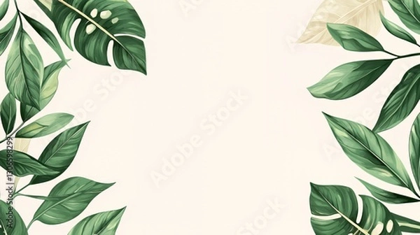 Obraz Watercolor Green Tropical Leaves Frame on Beige Background