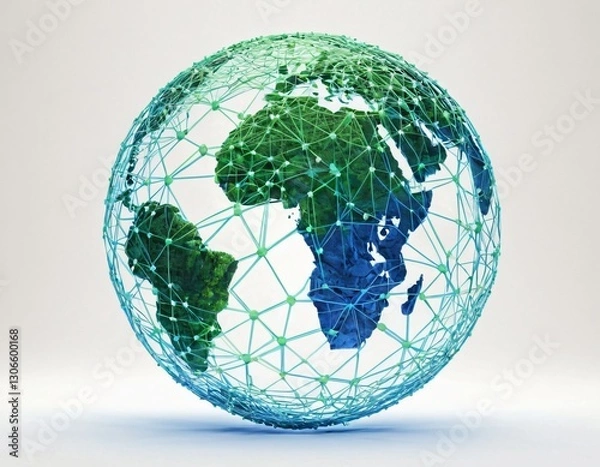Fototapeta Stylized digital globe logo, featuring interconnected lines and dots to symbolize global connectivity and advanced technology, in cybernetic blue and digital green colors, white background