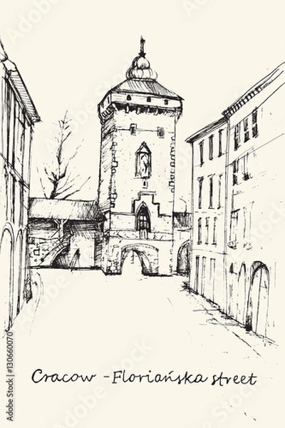 Obraz Hand drawn Florianska Street in Cracow on ecru background