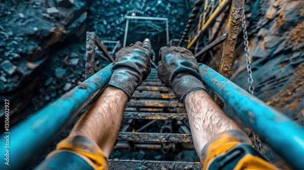 Fototapeta Miner Gripping Metal Railing on Steep Ladder into Underground Shaft