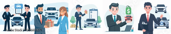 Fototapeta Vector of a car salesperson offering a product.