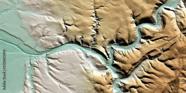 Fototapeta Concept de fond géographique - Données lidar HD - Vue aérienne de la topographie d'un territoire - Rendu 2d modèle numérique de terrain et nuage de points Lidar HD