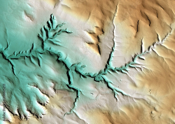 Fototapeta Concept de fond géographique - Données lidar HD - Vue aérienne de la topographie d'un territoire - Rendu 2d modèle numérique de terrain et nuage de points Lidar HD