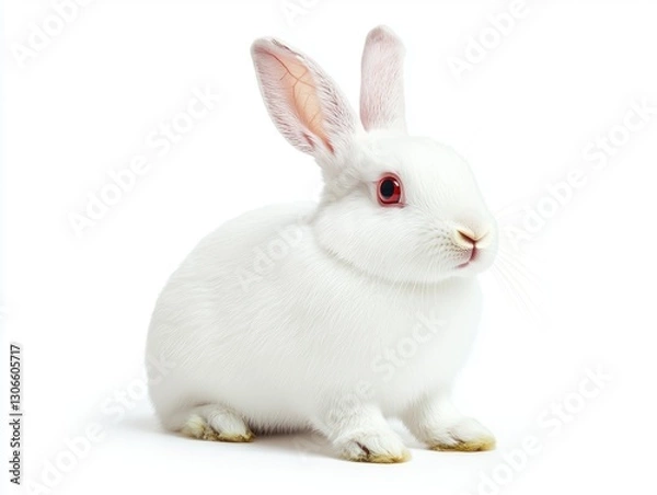 Fototapeta White rabbit sitting calmly against a plain white background