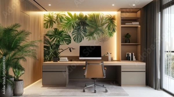 Fototapeta A modern workspace with a monstera-themed accent wall,