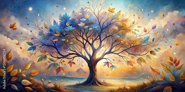 Fototapeta A Majestic Tree of Autumnal Hues, Silhouetted Against a Serene Twilight Sky, Leaves Dancing in Gentle Breeze