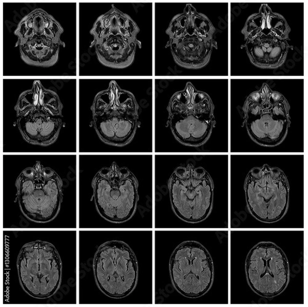 Obraz 1 of the 12 Magnetic Resonance images series of a 67yo man.  MRI brain and brainstem: axial, coronal, and sagittal plane imaging with T1, T2, FLAIR, DWI, T2* sequences. Other images in the portfolio.