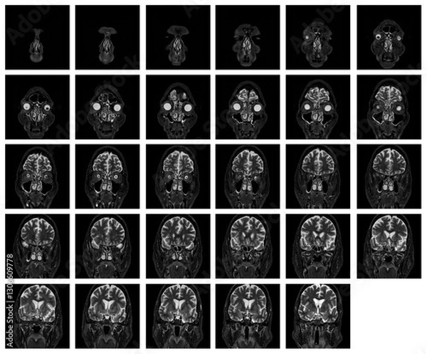 Obraz 1 of the 12 Magnetic Resonance images series of a 67yo man.  MRI brain and brainstem: axial, coronal, and sagittal plane imaging with T1, T2, FLAIR, DWI, T2* sequences. Other images in the portfolio.