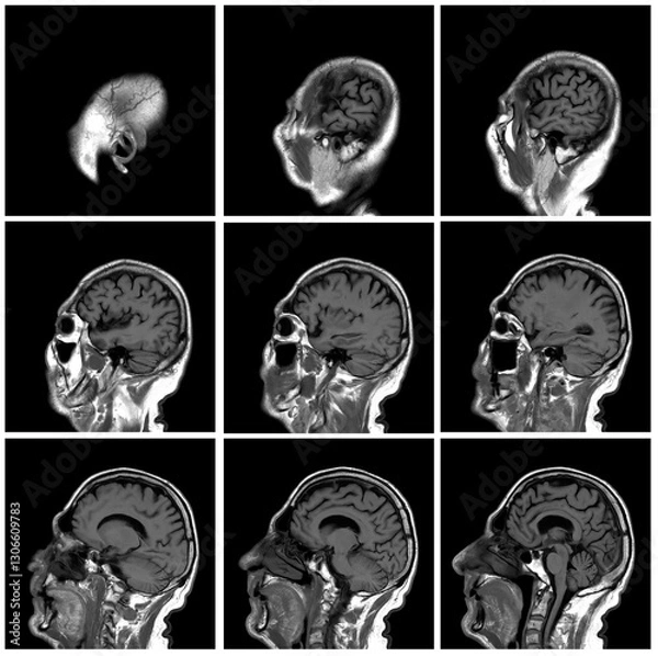 Obraz 1 of the 12 Magnetic Resonance images series of a 67yo man.  MRI brain and brainstem: axial, coronal, and sagittal plane imaging with T1, T2, FLAIR, DWI, T2* sequences. Other images in the portfolio.