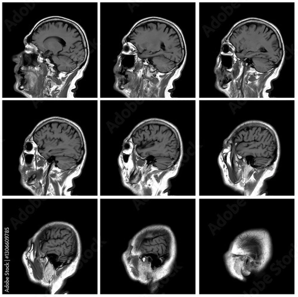 Obraz 1 of the 12 Magnetic Resonance images series of a 67yo man.  MRI brain and brainstem: axial, coronal, and sagittal plane imaging with T1, T2, FLAIR, DWI, T2* sequences. Other images in the portfolio.