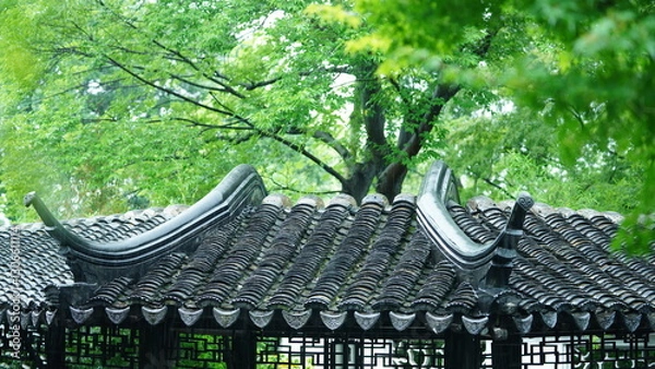 Obraz The classical Chinese garden buildings view in Suzhou of the China in the rainy day