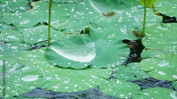 Obraz The water lily flowers blooming in the old Chinese garden with the rainy droplets
