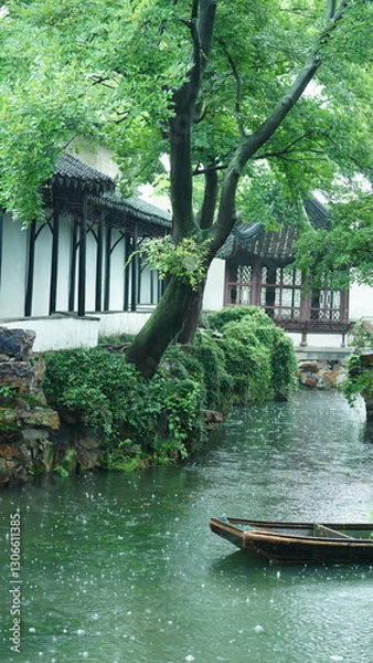 Obraz The classical Chinese garden buildings view in Suzhou of the China in the rainy day