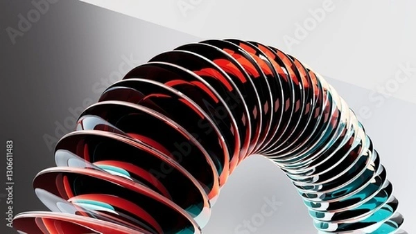 Obraz Colorful futuristic 3D illustration with mirrored glass or metal ellipses floating in a semicircle arc along a line on a gradient background. Unusual conceptual object for background