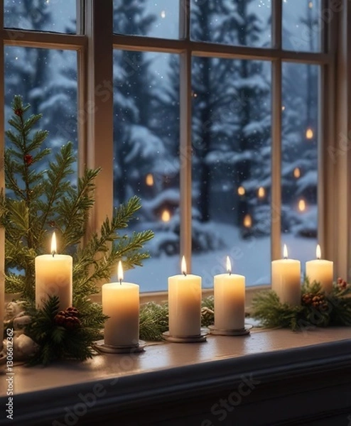 Fototapeta Snowflake-adorned windowsill with candles and evergreen, snowflake adorned windowsill, candles, festive colors