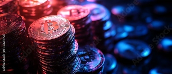 Fototapeta Low-angle view of glowing cryptocurrency coins stacked high