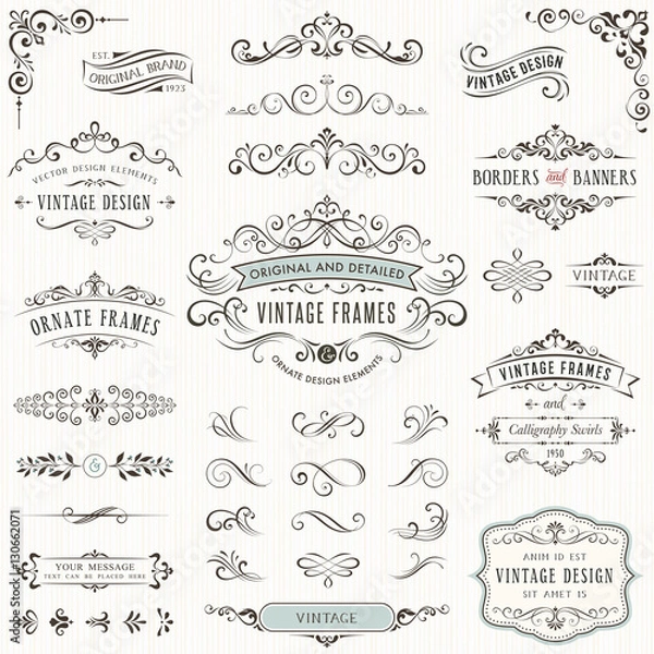 Obraz Ozdobne elementy projektu w stylu vintage z zawijasami kaligrafii, kaligrafią, ozdobnymi motywami i zwojami. Ramki i banery.
