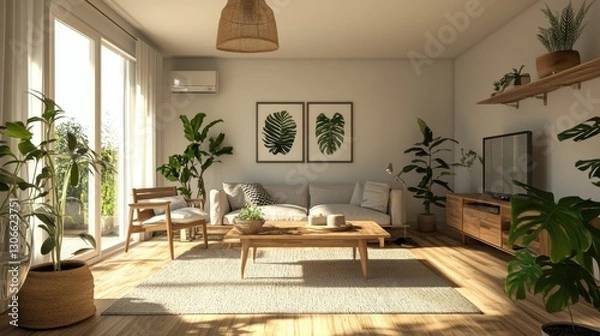 Fototapeta A Scandinavian-style home with monstera