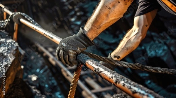 Obraz Miner Descending Narrow Ladder into Deep Underground Coal Shaft