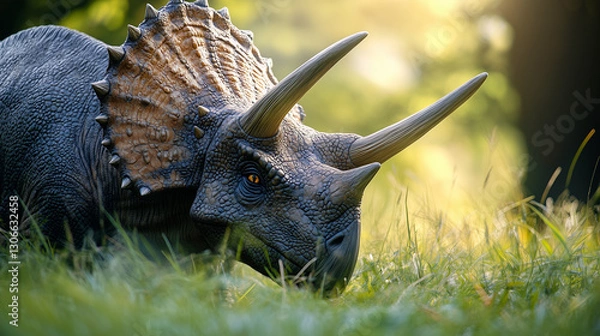 Fototapeta close up of Triceratops peacefully grazing in lush, green field, bathed in warm sunlight, creating serene and prehistoric scene