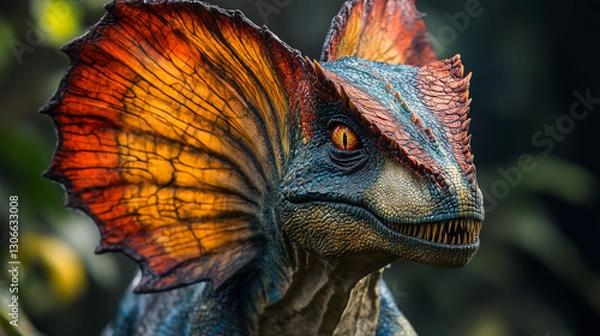 Fototapeta Dilophosaurus with its frills extended in wild, its colorful frills proudly display as it scouts environment