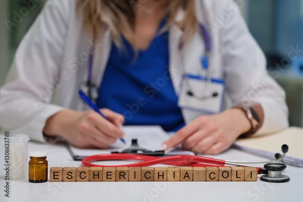 Obraz A medical professional diligently studying Escherichia coli while utilizing notes and various laboratory tools