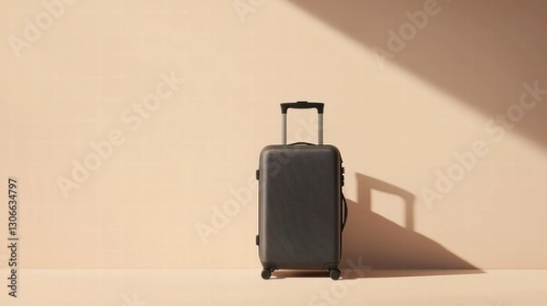 Fototapeta Journey's Start: A modern suitcase stands alone, casting a shadow on a softly illuminated wall, evoking anticipation for travel and new adventures.
