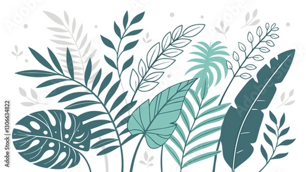 Fototapeta Elegant Botanical Foliage Illustration – Lush Green Leaves, Ferns, and Wild Plants in a Modern Nature-Inspired Design
