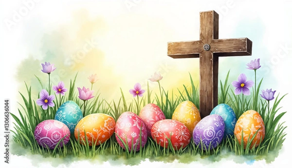 Fototapeta Faith-Inspired Watercolor Artwork Featuring a Cross and Bright Easter Eggs – Ideal for Easter Branding and Advertisements