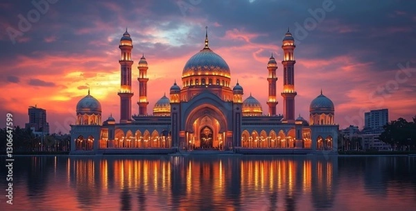 Fototapeta Illuminated Mosque at Sunset with Reflections