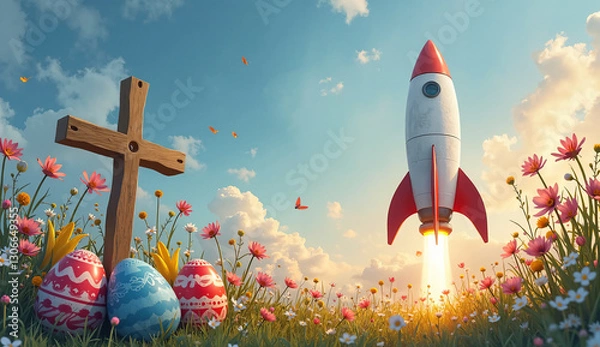 Fototapeta Creative Easter Artwork Featuring a Rocket Launch, Cross, and Colorful Eggs – Perfect for Holiday Promotions and Branding