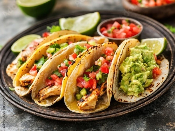 Fototapeta Deliciously Prepared Tacos with Various Toppings Arranged on a Plate