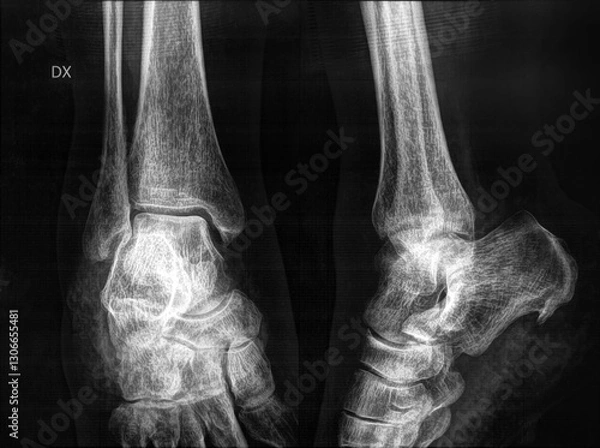 Obraz Real Radiograph image of ankle joint. Plain X-Ray of a woman right ankle that shows a calcaneal heel spur.. 
