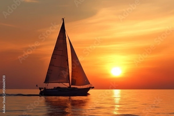 Fototapeta A striking silhouette of a sailboat against a glowing sunset, reflecting the warm colors on still waters, evoking feelings of peace, adventure, and the beauty of nature's palette.