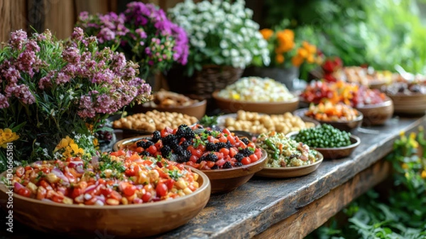 Fototapeta beautifully arranged dinner table with variety of colorful salads and fresh ingredients, set outdoors surrounded by lush greenery and vibrant flowers, creating festive atmosphere