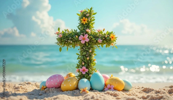 Fototapeta Beautiful Floral Cross and Colorful Easter Eggs on a Sandy Beach – A Unique Easter Image for Seasonal Marketing and Promotions