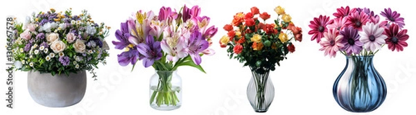 Fototapeta Beautiful bouquets of colorful flowers in a vase. A set of isolates. AI generated item.
