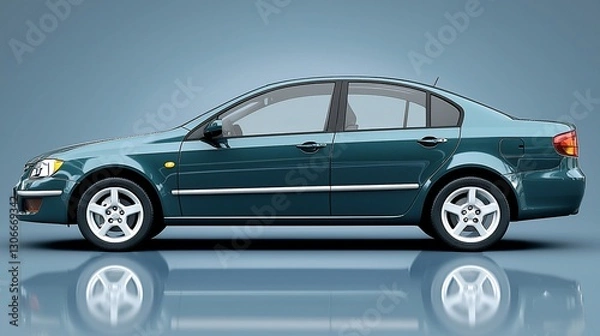 Fototapeta Sleek teal sedan parked on a reflective surface with a minimalist backdrop