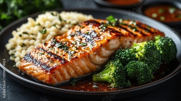 Fototapeta a plate of delicious grilled salmon served with steamed broccoli and couscous portraying a healthy lifestyle and balanced diet perfect for concepts of nutrition fitness