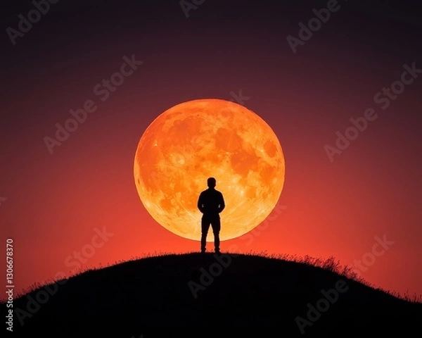 Fototapeta A bearded man dressed in traditional attire stands confidently atop a grassy hill, gazing at a luminous full moon that casts a silvery glow across the landscape, creating a serene atmosphere.