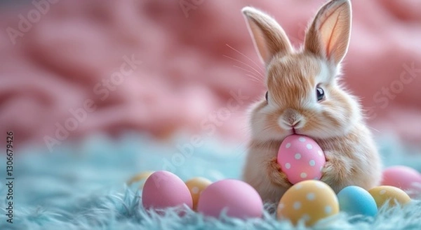 Fototapeta Easter bunny adorable rabbits with easter egg painting on fluffy blue knitting with elegant decoration background. Easter holiday concept.