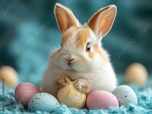Obraz Easter bunny adorable rabbits with easter egg painting on fluffy blue knitting background. Easter holiday concept.