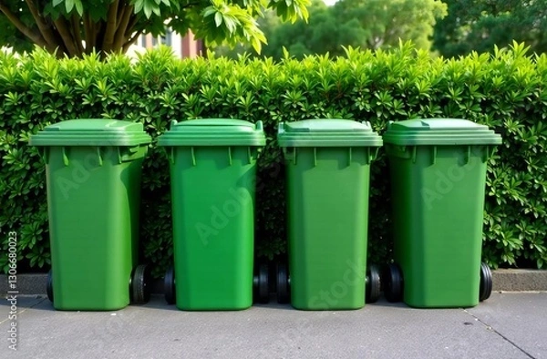 Fototapeta Green garbage bins lined up in a residential area, eco-friendly waste sorting concept