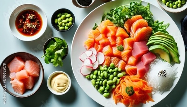 Fototapeta Healthy poke bowl ingredients with fresh salmon, tuna, edamame, and vegetables arrangement with copy space