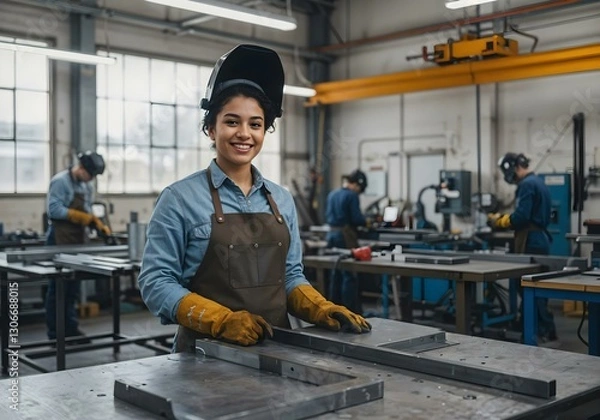 Fototapeta Woman smiles in an apron and welding mask posing near a table with metal pieces. Industrial warehouse.